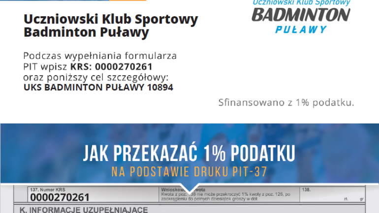 Przekaż 1% na UKS Badminton Puławy