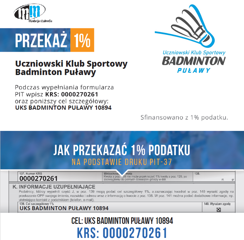 Przekaż 1% na UKS Badminton Puławy